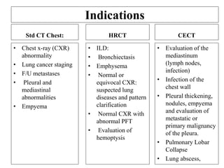 Indications
Std CT Chest:
• Chest x-ray (CXR)
abnormality
• Lung cancer staging
• F/U metastases
• Pleural and
mediastinal
abnormalities
• Empyema
HRCT
• ILD:
• Bronchiectasis
• Emphysema
• Normal or
equivocal CXR:
suspected lung
diseases and pattern
clarification
• Normal CXR with
abnormal PFT
• Evaluation of
hemoptysis
CECT
• Evaluation of the
mediastinum
(lymph nodes,
infection)
• Infection of the
chest wall
• Pleural thickening,
nodules, empyema
and evaluation of
metastatic or
primary malignancy
of the pleura.
• Pulmonary Lobar
Collapse
• Lung abscess,
 