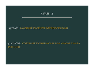 5 FASI - 2
4) TEAM: LAVORARE IN GRUPPI INTERDISCIPLINARI
5) VISIONE: COSTRUIRE E COMUNICARE UNA VISIONE CHIARA
PER TUTTI
 