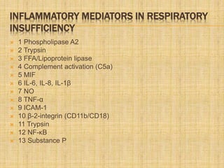 INFLAMMATORY MEDIATORS IN RESPIRATORY
INSUFFICIENCY
 1 Phospholipase A2
 2 Trypsin
 3 FFA/Lipoprotein lipase
 4 Complement activation (C5a)
 5 MIF
 6 IL-6, IL-8, IL-1β
 7 NO
 8 TNF-α
 9 ICAM-1
 10 β-2-integrin (CD11b/CD18)
 11 Trypsin
 12 NF-κB
 13 Substance P
 