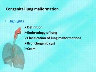 Congenital lung malformation
• Highlights
Definition
Embryology of lung
Clasification of lung malformations
Bronchogenic cyst
Ccam
 