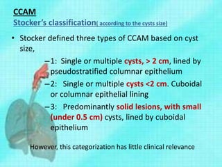 CCAM
Stocker’s classification( according to the cysts size)
• Stocker defined three types of CCAM based on cyst
size,
–1: Single or multiple cysts, > 2 cm, lined by
pseudostratified columnar epithelium
–2: Single or multiple cysts <2 cm. Cuboidal
or columnar epithelial lining
–3: Predominantly solid lesions, with small
(under 0.5 cm) cysts, lined by cuboidal
epithelium
However, this categorization has little clinical relevance
 