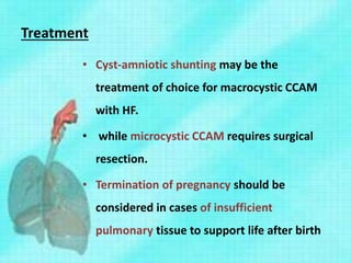 Treatment
• Cyst-amniotic shunting may be the
treatment of choice for macrocystic CCAM
with HF.
• while microcystic CCAM requires surgical
resection.
• Termination of pregnancy should be
considered in cases of insufficient
pulmonary tissue to support life after birth
 