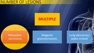 NUMBER OF LESIONS
MULTIPLE
Metastatic
carcinoma
Wegener
granulomatosis
Lung abscesses/
septic emboli
 