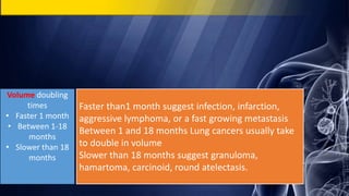 Volume doubling
times
• Faster 1 month
• Between 1-18
months
• Slower than 18
months
Faster than1 month suggest infection, infarction,
aggressive lymphoma, or a fast growing metastasis
Between 1 and 18 months Lung cancers usually take
to double in volume
Slower than 18 months suggest granuloma,
hamartoma, carcinoid, round atelectasis.
 