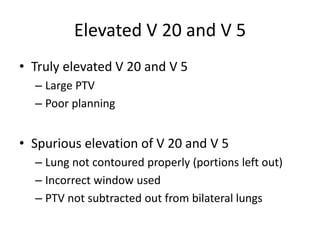 Elevated V 20 and V 5
• Truly elevated V 20 and V 5
– Large PTV
– Poor planning
• Spurious elevation of V 20 and V 5
– Lung not contoured properly (portions left out)
– Incorrect window used
– PTV not subtracted out from bilateral lungs
 