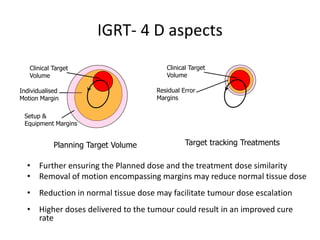 IGRT- 4 D aspects
• Further ensuring the Planned dose and the treatment dose similarity
• Removal of motion encompassing margins may reduce normal tissue dose
• Reduction in normal tissue dose may facilitate tumour dose escalation
• Higher doses delivered to the tumour could result in an improved cure
rate
Individualised
Motion Margin
Setup &
Equipment Margins
Clinical Target
Volume
Planning Target Volume
Residual Error
Margins
Clinical Target
Volume
Target tracking Treatments
 