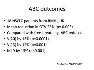ABC outcomes
• 18 NSCLC patients from RMH , UK
• Mean reduction in GTV 25% (p= 0.003).
• Compared with free-breathing, ABC reduced
• V(20) by 13% (p=0.0001)
• V(13) by 12% (p=0.001)
• MLD by 13% (p<0.001)
Brada et al IJROBP 2010
 