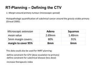 RT-Planning – Defining the CTV
1. Margin around primary tumour (microscopic spread)
Histopathologic quantification of subclinical cancer around the grossly visible primary
(Giraud 2000):
Microscopic extension Adeno Squamos
mean value 2.69mm 1.48mm
5mm margin covers: 80% 91%
margin to cover 95% 8mm 6mm
This data could also be used for IMRT planning:
-define constraint for GTV (dose escalation to primary)
-define constraint for subclinical disease (less dose)
-increase therapeutic index
 