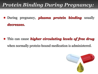 Page  17
Protein Binding During PregnancyProtein Binding During Pregnancy::
● During pregnancy,During pregnancy, plasma protein bindingplasma protein binding usuallyusually
decreases.decreases.
● This can causeThis can cause higher circulating levels of free drughigher circulating levels of free drug
when normally protein-bound medication is administered.when normally protein-bound medication is administered.
 