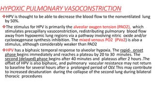 HYPOXIC PULMONARY VASOCONSTRICTION
HPV is thought to be able to decrease the blood flow to the nonventilated lung
by 50%.
The stimulus for HPV is primarily the alveolar oxygen tension (PAO2), which
stimulates precapillary vasoconstriction, redistributing pulmonary blood flow
away from hypoxemic lung regions via a pathway involving nitric oxide and/or
cyclooxygenase synthesis inhibition. The mixed venous PO2 (PVo2) is also a
stimulus, although considerably weaker than PAO2
HPV has a biphasic temporal response to alveolar hypoxia. The rapid- onset
phase begins immediately and reaches a plateau by 20 to 30 minutes. The
second (delayed) phase begins after 40 minutes and plateaus after 2 hours .The
offset of HPV is also biphasic, and pulmonary vascular resistance may not return
to baseline for several hours after a prolonged period of OLV.This may contribute
to increased desaturation during the collapse of the second lung during bilateral
thoracic procedures
 