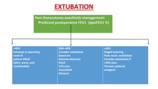 EXTUBATION
Post thoracotomy anesthetic management:
Predicted postoperative FEV1 (ppoFEV1 %)
>40% 30%–40% <30%
Extubate in operating Consider extubation Staged weaning
room if: based on: from mech. ventilation
patient AWaC Exercise tolerance Consider extubation if
(alert, warm, and DLCO >20% plus:
comfortable) V/Q scan Thoracic epidural
Associated analgesia
diseases
 