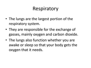 Respiratory The lungs are the largest portion of the respiratory system.They are responsible for the exchange of gasses, mainly oxygen and carbon dioxide.The lungs also function whether you are awake or sleep so that your body gets the oxygen that it needs.