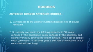 BORDERS
ANTERIOR BORDER ANTERIOR BORDER –
1. Corresponds to the anterior (Costomediastinal) line of pleural
reflection.
2. It is deeply notched in the left lung posterior to 5th costal
cartilage by the pericardium costal cartilage by the pericardiu and
extends vertically downwards to form Lingula. This is called cardiac
notch (percussion in this area gives a dull note as compared to dull
note obtained over lung).
 