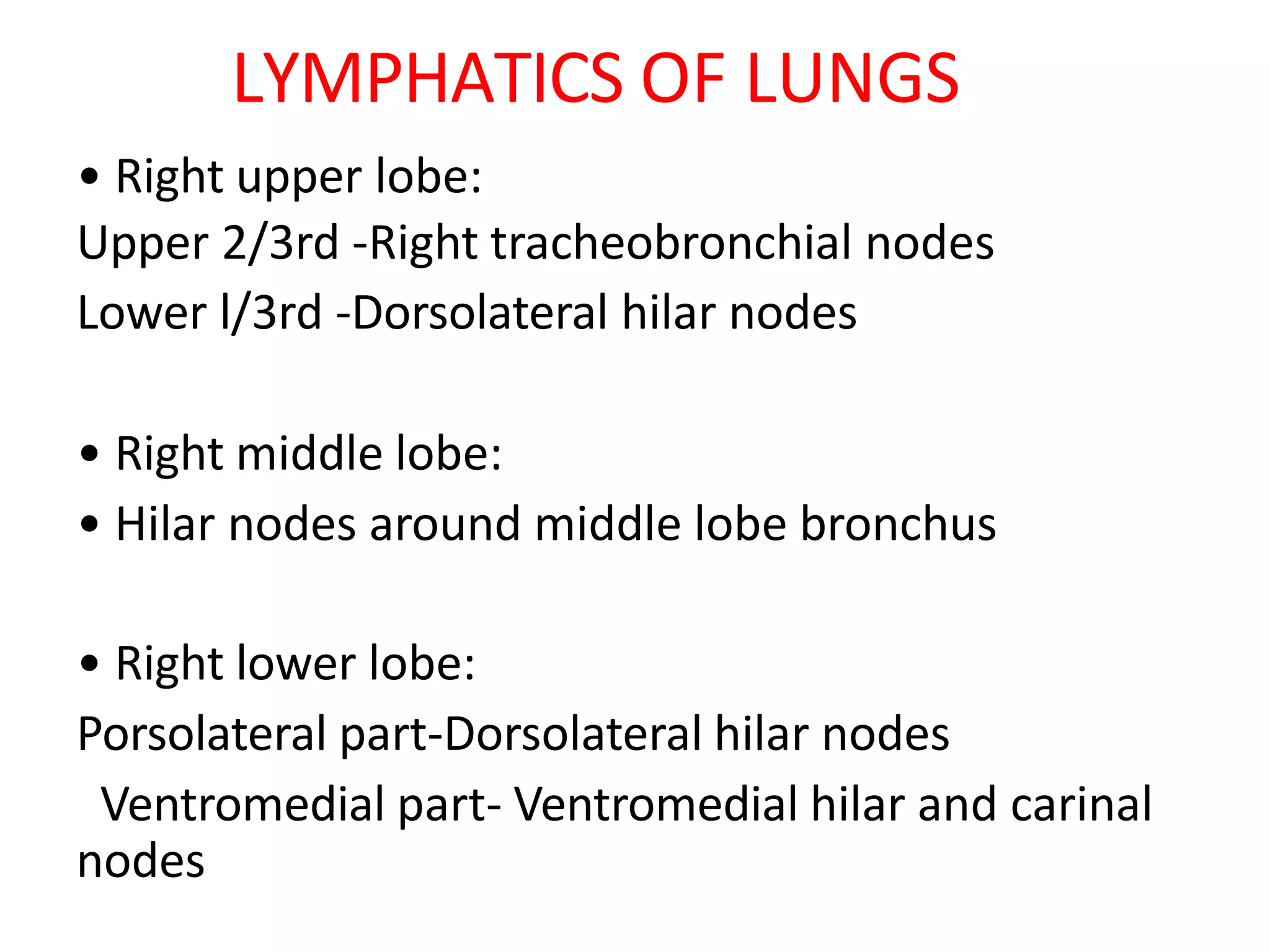 LYMPHATICS OF LUNGS
• Right upper lobe:
Upper 2/3rd -Right tracheobronchial nodes
Lower l/3rd -Dorsolateral hilar nodes
• Right middle lobe:
• Hilar nodes around middle lobe bronchus
• Right lower lobe:
Porsolateral part-Dorsolateral hilar nodes
Ventromedial part- Ventromedial hilar and carinal
nodes
 