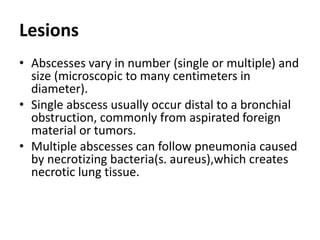 Lesions
• Abscesses vary in number (single or multiple) and
size (microscopic to many centimeters in
diameter).
• Single abscess usually occur distal to a bronchial
obstruction, commonly from aspirated foreign
material or tumors.
• Multiple abscesses can follow pneumonia caused
by necrotizing bacteria(s. aureus),which creates
necrotic lung tissue.
 