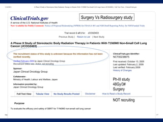 1/16/2015 A Phase II Study of Stereotactic Body Radiation Therapy in Patients With T1N0M0 Non-Small Cell Lung Cancer (JCOG0403) - Full Text View - ClinicalTrials.gov
https://clinicaltrials.gov/ct2/show/NCT00238875?term=JCOG0403&rank=1 1/7
The recruitment status of this study is unknown because the information has not been
verified recently.
Verified February 2009 by Japan Clinical Oncology Group.
Recruitment status was Active, not recruiting
Sponsor:
Japan Clinical Oncology Group
Collaborator:
Ministry of Health, Labour and Welfare, Japan
Information provided by:
Japan Clinical Oncology Group
ClinicalTrials.gov Identifier:
NCT00238875
First received: October 13, 2005
Last updated: February 2, 2009
Last verified: February 2009
History of Changes
Full Text View Tabular View No Study Results Posted Disclaimer How to Read a Study Record
A service of the U.S. National Institutes of Health
Now Available for Public Comment: Notice of Proposed Rulemaking (NPRM) for FDAAA 801 and NIH Draft Reporting Policy for NIH--Funded Trials
Trial record 1 of 1 for: JCOG0403
Previous Study | Return to List | Next Study
A Phase II Study of Stereotactic Body Radiation Therapy in Patients With T1N0M0 Non--Small Cell Lung
Cancer (JCOG0403)
Purpose
To evaluate the efficacy and safety of SBRT for T1N0M0 non--small cell lung cancer
NOT recruiting
Ph-III study
48Gy/3#
Surgery
Surgery Vs Radiosurgery study
 