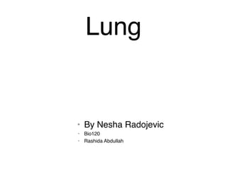 Lung


• By Nesha Radojevic
• Bio120
• Rashida Abdullah
 