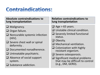 Absolute contraindications to
lung transplantation
 Malignancy.
 Organ faliure.
 Noncurable systemic infection
(HIV).
 Severe chest wall or spinal
deformity .
 Documented nonadherence.
 Untreatable psychiatric.
 Absence of social support
system.
 Substance addiction.
Relative contraindications to
lung transplantation
 Age > 65 years.
 Unstable clinical condition.
 Severely limited functional
status.
 Obesity.
 Mechanical ventilation.
 Colonization with highly
resistant organism.
 Severe osteoporosis.
 Significant medical problems
that may be difficult to control
(e.g., DM, GERD).
 