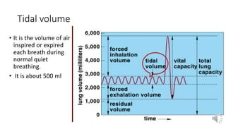 Tidal volume
• It is the volume of air
inspired or expired
each breath during
normal quiet
breathing.
• It is about 500 ml
 