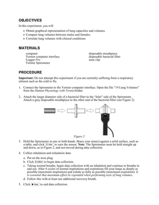 OBJECTIVES
In this experiment, you will
     Obtain graphical representation of lung capacities and volumes.
     Compare lung volumes between males and females.
     Correlate lung volumes with clinical conditions.


MATERIALS
     computer                                            disposable mouthpiece
     Vernier computer interface                          disposable bacterial filter
     Logger Pro                                          nose clip
     Vernier Spirometer


PROCEDURE
Important: Do not attempt this experiment if you are currently suffering from a respiratory
ailment such as the cold or flu.

1. Connect the Spirometer to the Vernier computer interface. Open the file “19 Lung Volumes”
   from the Human Physiology with Vernierfolder.

2. Attach the larger diameter side of a bacterial filter to the “Inlet” side of the Spirometer.
   Attach a gray disposable mouthpiece to the other end of the bacterial filter (see Figure 2).




                                             Figure 2
3. Hold the Spirometer in one or both hands. Brace your arm(s) against a solid surface, such as
   a table, and click       to zero the sensor. Note: The Spirometer must be held straight up
   and down, as in Figure 2, and not moved during data collection.
4. Collect inhalation and exhalation data.
   a. Put on the nose plug.
   b. Click          to begin data collection.
   c. Taking normal breaths, begin data collection with an inhalation and continue to breathe in
      and out. After 4 cycles of normal inspirations and expirations fill your lungs as deeply as
      possible (maximum inspiration) and exhale as fully as possible (maximum expiration). It
      is essential that maximum effort be expended when performing tests of lung volumes.
   d. Follow this with at least one additional recovery breath.
5. Click         to end data collection.
 