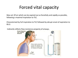 Forced vital capacity
Max vol. Of air which can be expired out as forcefully and rapidly as possible,
following a maximal inspiration to TLC.
Characterized by full inspiration to TLC followed by abrupt onset of expiration to
RV
Indirectly reflects flow resistance property of airways.
 