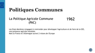 La Politique Agricole Commune
(PAC)
1962
Les Etats Membres s'engagent à s'entraider pour développer l'agriculture et de faire de la CEE,
une puissance agricole mondiale.
Mais la France et l'Allemagne auront 2 visions de l'Europe
 