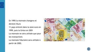En 1995 la monnaie changera et
devient l'Euro
11 pays entrent dans la zone euro en
1999, puis la Grèce en 2001
La monnaie ne sera utilisée que pour
les transactions
La monnaie fiduciaire sera utilisée à
partir de 2002.
 