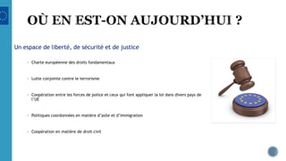 Un espace de liberté, de sécurité et de justice
• Charte européenne des droits fondamentaux
• Lutte conjointe contre le terrorisme
• Coopération entre les forces de police et ceux qui font appliquer la loi dans divers pays de
l’UE
• Politiques coordonnées en matière d’asile et d’immigration
• Coopération en matière de droit civil
 