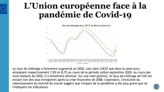 L'Union européenne face à la
pandémie de Covid-19
Le taux de chômage a fortement augmenté en 2020, tant dans l'UE27 que dans la zone euro,
atteignant respectivement 7,8% et 8,7% au cours de la période juillet-septembre 2020. Au cours des
mois restants de 2020, il a lentement diminué. Sur une note positive, le taux de chômage de l'UE est
encore loin des taux enregistrés après la crise financière de 2008. Cependant, l'évolution du
ralentissement du marché du travail suggère que l'impact de la pandémie a été plus grave que ne
l'indiquent les indicateurs
 