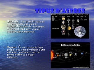 TIPUS D’ASTRES   Satèl·lit:  Un satèl·lit natural és un objecte que gira al voltant d’un planeta. Acostuma a ser molt més petit que el planeta que acompanya. Planeta:  És un cos sense llum pròpia  que gira al voltant d’una estrella, acostuma a ser de forma esfèrica o quasi esfèrica. 