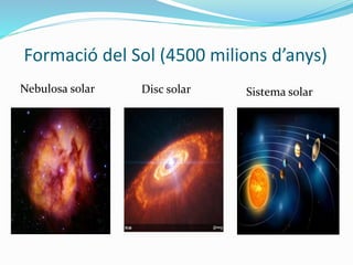 Formació del Sol (4500 milions d’anys)
Nebulosa solar Disc solar Sistema solar
 