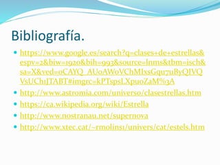 Bibliografía.
 https://www.google.es/search?q=clases+de+estrellas&
espv=2&biw=1920&bih=993&source=lnms&tbm=isch&
sa=X&ved=0CAYQ_AUoAWoVChMIxsGqu7uByQIVQ
VsUCh1JTABT#imgrc=kPTspsLXpu0ZaM%3A
 http://www.astromia.com/universo/clasestrellas.htm
 https://ca.wikipedia.org/wiki/Estrella
 http://www.nostranau.net/supernova
 http://www.xtec.cat/~rmolins1/univers/cat/estels.htm
 