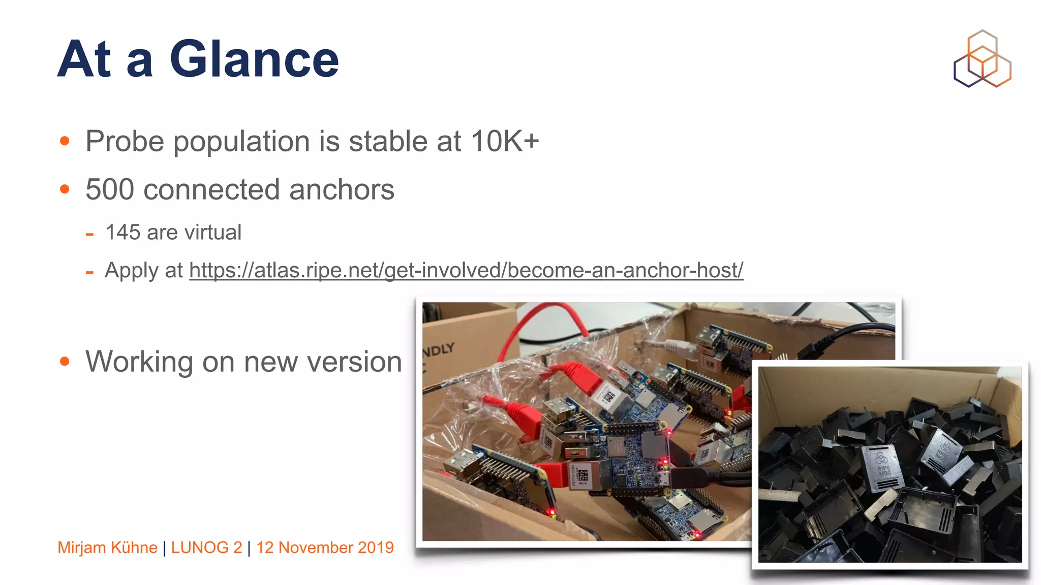 Mirjam Kühne | LUNOG 2 | 12 November 2019
At a Glance
• Probe population is stable at 10K+
• 500 connected anchors
- 145 are virtual
- Apply at https://atlas.ripe.net/get-involved/become-an-anchor-host/
• Working on new version
12
 