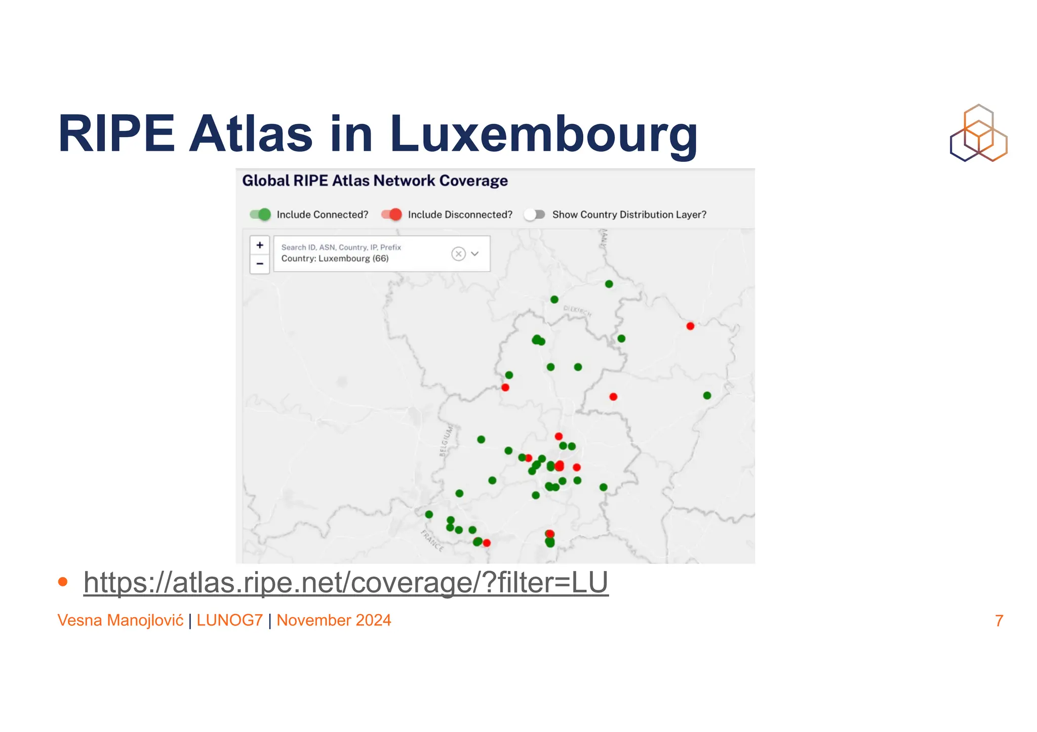 Vesna Manojlović | LUNOG7 | November 2024
RIPE Atlas in Luxembourg
• https://atlas.ripe.net/coverage/?filter=LU
7
 