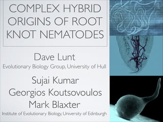 COMPLEX HYBRID
ORIGINS OF ROOT
KNOT NEMATODES
Dave Lunt
Evolutionary Biology Group, University of Hull

Sujai Kumar
Georgios Koutsovoulos
Mark Blaxter
Institute of Evolutionary Biology, University of Edinburgh

 