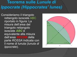Teorema sulle Lunule di
Ippocrate (Hippocrates' lunes)
Consideriamo il triangolo
rettangolo isoscele ABC
riportato in figura: La
misura dell’area del
triangolo rettangolo
isoscele ABC è
equivalente alla misura
dell’area BECDB della
parte ROSSA indicata con
il nome di lunula (lunula di
Ippocrate).

 