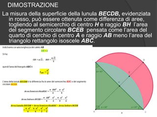 DIMOSTRAZIONE
La misura della superficie della lunula BECDB, evidenziata
in rosso, può essere ottenuta come differenza di aree,
togliendo al semicerchio di centro H e raggio BH l’area
del segmento circolare BCEB pensata come l’area del
quarto di cerchio di centro A e raggio AB meno l’area del
triangolo rettangolo isoscele ABC.

 