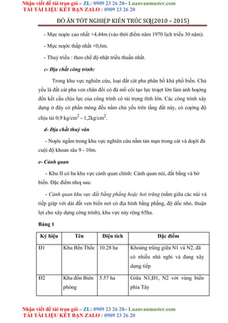Nhận viết đề tài trọn gói – ZL: 0909 23 26 20– Luanvanmaster.com
TẢI TÀI LIỆU KẾT BẠN ZALO : 0909 23 26 20
Nhận viết đề tài trọn gói – ZL: 0909 23 26 20– Luanvanmaster.com
TẢI TÀI LIỆU KẾT BẠN ZALO : 0909 23 26 20
ĐỒ ÁN TỐT NGHIỆP KIẾN TRÚC SƢ(2010 – 2015)
- Mực nƣớc cao nhất +4,44m (vào thời điểm năm 1970 lịch triều 30 năm).
- Mực nƣớc thấp nhất +0,6m.
- Thuỷ triều : theo chế độ nhật triều thuần nhất.
c- Địa chất công trình:
Trong khu vực nghiên cứu, loại đất cát pha phân bố khá phổ biến. Chủ
yếu là đất cát pha ven chân đồi có đá mồ côi tạo lực trƣợt lớn làm ảnh hƣởng
đến kết cấu chịu lực của công trình có tải trọng tĩnh lớn. Các công trình xây
dựng ở đây có phần móng đều nằm chủ yếu trên tầng đất này, có cƣờng độ
chịu tải 0,9 kg/cm2
- 1,2kg/cm2
.
d- Địa chất thuỷ văn
- Nƣớc ngầm trong khu vực nghiên cứu nằm tản mạn trong cát và dƣới đá
cuội độ khoan sâu 9 - 10m.
e- Cảnh quan
- Khu II có ba khu vực cảnh quan chính: Cảnh quan núi, đất bằng và bờ
biển. Đặc điểm nhƣ sau:
- Cảnh quan khu vực đất bằng phằng hoặc hơi trũng (nằm giữa các núi và
tiếp giáp với dải đất ven biển nơi có địa hình bằng phằng, độ dốc nhỏ, thuận
lợi cho xây dựng công trình), khu vực này rộng 65ha.
Bảng 1
Ký hiệu Tên Diện tích Đặc điểm
Đ1 Khu Bến Thốc 10.28 ha Khoảng trũng giữa N1 và N2, đã
có nhiều nhà nghỉ và đang xây
dựng tiếp
Đ2 Khu đồn Biên 5.57 ha Giữa N1,Đ1, N2 với vùng biển
phòng phía Tây
 