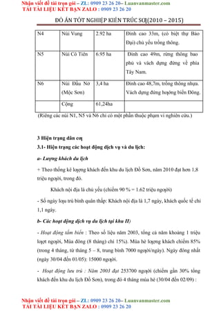 Nhận viết đề tài trọn gói – ZL: 0909 23 26 20– Luanvanmaster.com
TẢI TÀI LIỆU KẾT BẠN ZALO : 0909 23 26 20
Nhận viết đề tài trọn gói – ZL: 0909 23 26 20– Luanvanmaster.com
TẢI TÀI LIỆU KẾT BẠN ZALO : 0909 23 26 20
ĐỒ ÁN TỐT NGHIỆP KIẾN TRÚC SƢ(2010 – 2015)
N4 Núi Vung 2.92 ha Đỉnh cao 33m, (có biệt thự Bảo
Đại) chủ yếu trồng thông.
N5 Núi Cô Tiên 6.95 ha Đỉnh cao 49m, rừng thông bao
phủ và vách dựng đứng về phía
Tây Nam.
N6 Núi Đầu Nở 3,4 ha Đỉnh cao 48,7m, trồng thông nhựa.
(Mộc Sơn) Vách dựng đứng hƣớng biển Đông.
Cộng 61,24ha
(Riêng các núi N1, N5 và N6 chỉ có một phần thuộc phạm vi nghiên cứu.)
3 Hiện trạng dân cƣ
3.1- Hiện trạng các hoạt động dịch vụ và du lịch:
a- Lượng khách du lịch
+ Theo thống kê lƣợng khách đến khu du lịch Đồ Sơn, năm 2010 đạt hơn 1,8
triệu ngƣời, trong đó.
Khách nội địa là chủ yếu (chiếm 90 % = 1.62 triệu ngƣời)
- Số ngày lƣu trú bình quân thấp: Khách nội địa là 1,7 ngày, khách quốc tế chỉ
1,1 ngày.
b- Các hoạt động dịch vụ du lịch tại khu II)
- Hoạt động tắm biển : Theo số liệu năm 2003, tổng cả năm khoảng 1 triệu
lƣợt ngƣời, Mùa đông (8 tháng) chỉ 15%). Mùa hè lƣợng khách chiếm 85%
(trong 4 tháng, từ tháng 5 – 8, trung bình 7000 ngƣời/ngày). Ngày đông nhất
(ngày 30/04 đến 01/05): 15000 ngƣời.
- Hoạt động lưu trú : Năm 2003 đạt 253700 ngƣời (chiếm gần 30% tổng
khách đến khu du lịch Đồ Sơn), trong đó 4 tháng mùa hè (30/04 đến 02/09) :
 