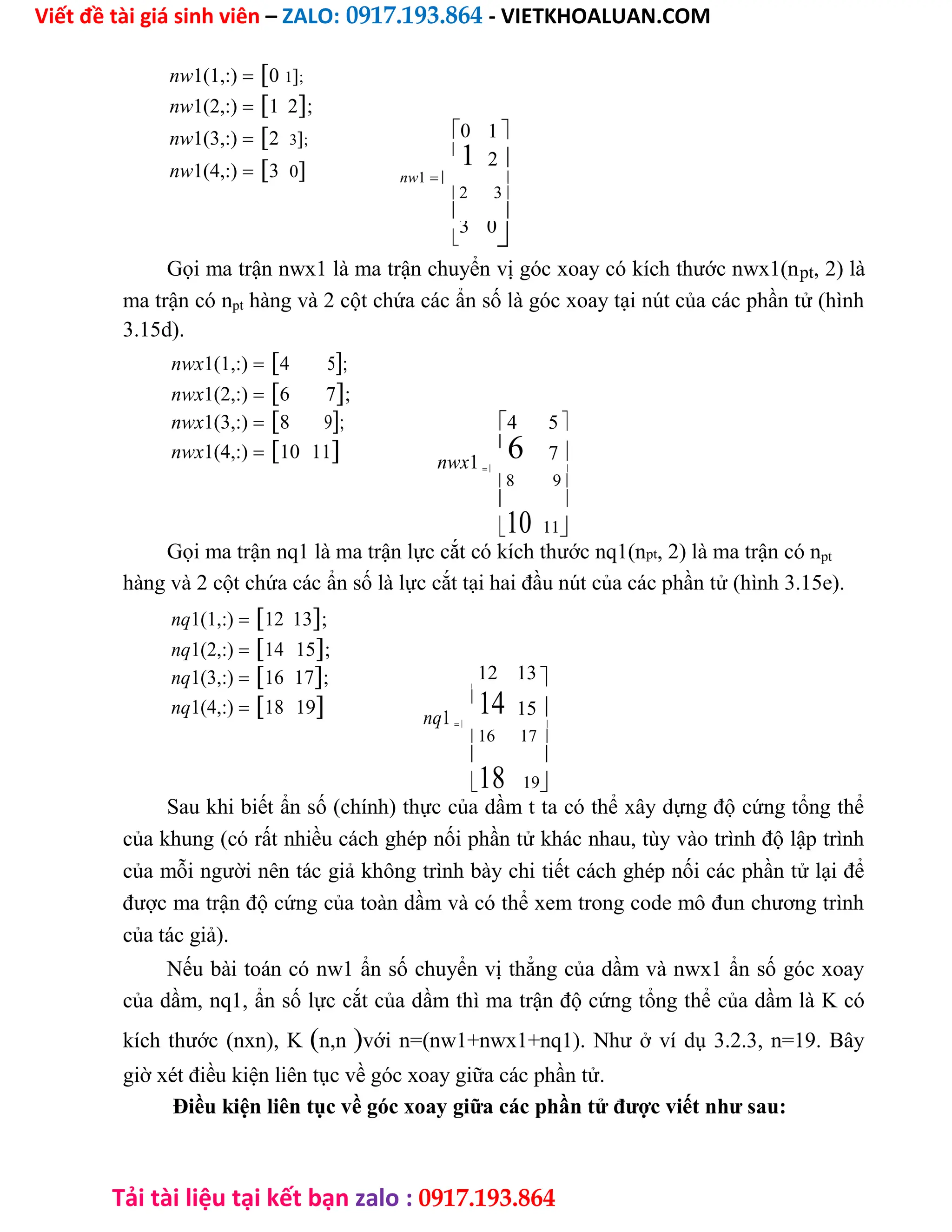 Viết đề tài giá sinh viên – ZALO: 0917.193.864 - VIETKHOALUAN.COM
Tải tài liệu tại kết bạn zalo : 0917.193.864
nw1(1,:)0 1;
nw1(2,:)1 2;
nw1(3,:)2 3;
nw1(4,:)3 0
0 1 

1 2 
nw1 
2 3
 

3 0

Gọi ma trận nwx1 là ma trận chuyển vị góc xoay có kích thước nwx1(npt, 2) là
ma trận có npt hàng và 2 cột chứa các ẩn số là góc xoay tại nút của các phần tử (hình
3.15d).
nwx1(1,:)4 5;
nwx1(2,:)6 7;
nwx1(3,:)8 9; 4 5 
nwx1(4,:)10 11 nwx1

6 7 
 
8 9
 
10 11
Gọi ma trận nq1 là ma trận lực cắt có kích thước nq1(npt, 2) là ma trận có npt
hàng và 2 cột chứa các ẩn số là lực cắt tại hai đầu nút của các phần tử (hình 3.15e).
nq1(1,:)12 13;
nq1(2,:)14 15;
nq1(3,:)16 17; 12 13 

nq1(4,:)18 19 nq1

14 15 
 
16 17
 
18 19
Sau khi biết ẩn số (chính) thực của dầm t ta có thể xây dựng độ cứng tổng thể
của khung (có rất nhiều cách ghép nối phần tử khác nhau, tùy vào trình độ lập trình
của mỗi người nên tác giả không trình bày chi tiết cách ghép nối các phần tử lại để
được ma trận độ cứng của toàn dầm và có thể xem trong code mô đun chương trình
của tác giả).
Nếu bài toán có nw1 ẩn số chuyển vị thẳng của dầm và nwx1 ẩn số góc xoay
của dầm, nq1, ẩn số lực cắt của dầm thì ma trận độ cứng tổng thể của dầm là K có
kích thước (nxn), Kn,nvới n=(nw1+nwx1+nq1). Như ở ví dụ 3.2.3, n=19. Bây
giờ xét điều kiện liên tục về góc xoay giữa các phần tử.
Điều kiện liên tục về góc xoay giữa các phần tử được viết như sau:
 