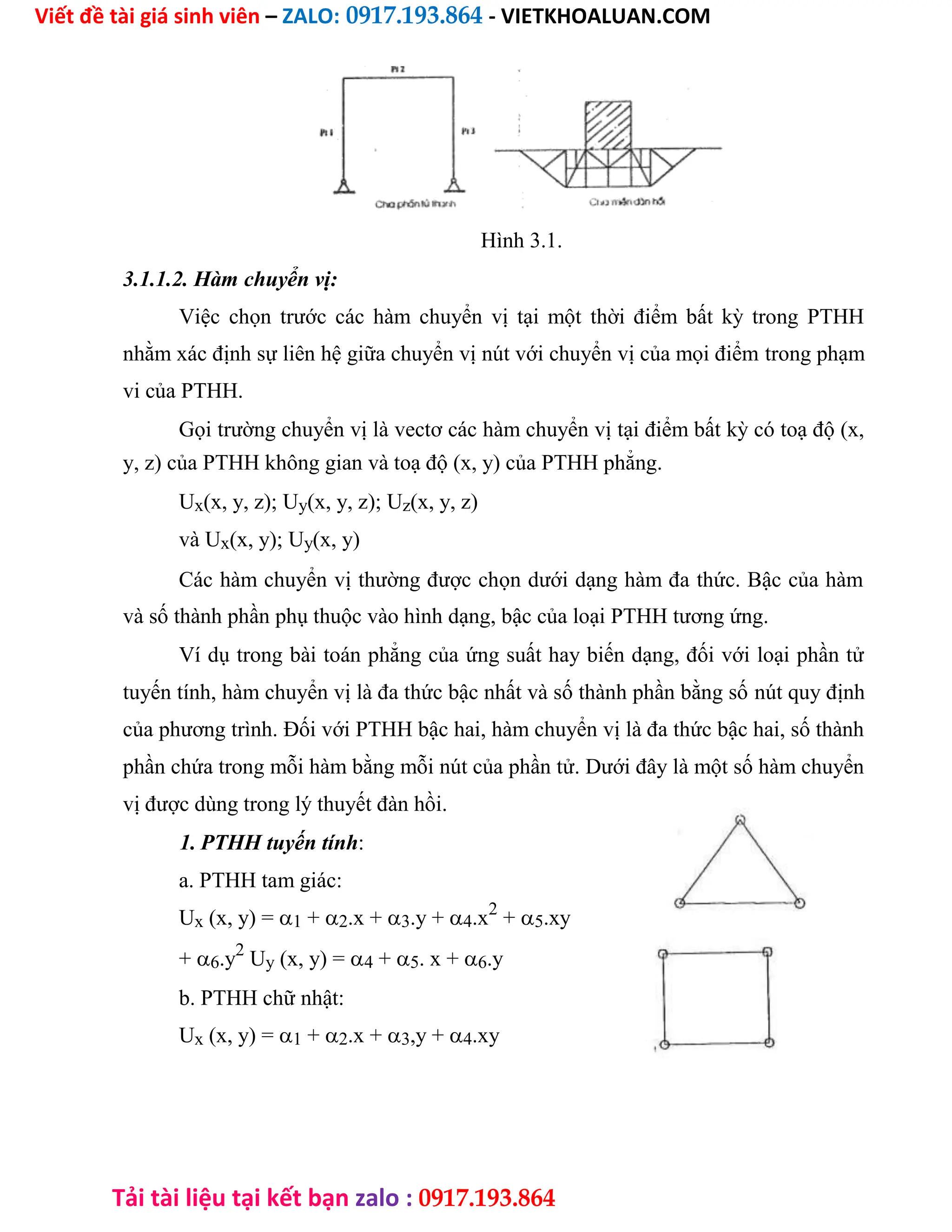 Viết đề tài giá sinh viên – ZALO: 0917.193.864 - VIETKHOALUAN.COM
Tải tài liệu tại kết bạn zalo : 0917.193.864
Hình 3.1.
3.1.1.2. Hàm chuyển vị:
Việc chọn trước các hàm chuyển vị tại một thời điểm bất kỳ trong PTHH
nhằm xác định sự liên hệ giữa chuyển vị nút với chuyển vị của mọi điểm trong phạm
vi của PTHH.
Gọi trường chuyển vị là vectơ các hàm chuyển vị tại điểm bất kỳ có toạ độ (x,
y, z) của PTHH không gian và toạ độ (x, y) của PTHH phẳng.
Ux(x, y, z); Uy(x, y, z); Uz(x, y, z)
và Ux(x, y); Uy(x, y)
Các hàm chuyển vị thường được chọn dưới dạng hàm đa thức. Bậc của hàm
và số thành phần phụ thuộc vào hình dạng, bậc của loại PTHH tương ứng.
Ví dụ trong bài toán phẳng của ứng suất hay biến dạng, đối với loại phần tử
tuyến tính, hàm chuyển vị là đa thức bậc nhất và số thành phần bằng số nút quy định
của phương trình. Đối với PTHH bậc hai, hàm chuyển vị là đa thức bậc hai, số thành
phần chứa trong mỗi hàm bằng mỗi nút của phần tử. Dưới đây là một số hàm chuyển
vị được dùng trong lý thuyết đàn hồi.
1. PTHH tuyến tính:
a. PTHH tam giác:
Ux (x, y) =1 +2.x +3.y +4.x2
+5.xy
+6.y2
Uy (x, y) =4 +5. x +6.y
b. PTHH chữ nhật:
Ux (x, y) =1 +2.x +3,y +4.xy
 