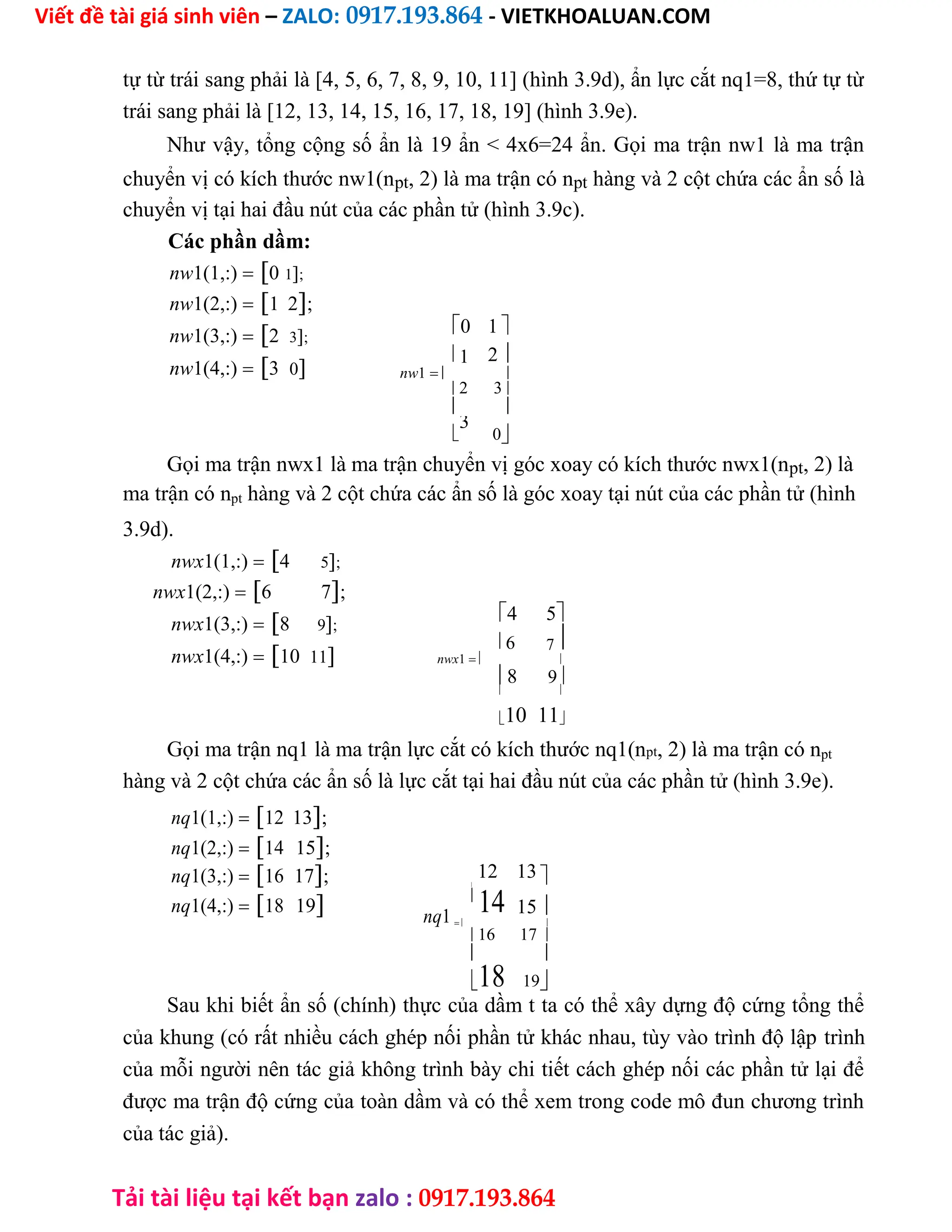 Viết đề tài giá sinh viên – ZALO: 0917.193.864 - VIETKHOALUAN.COM
Tải tài liệu tại kết bạn zalo : 0917.193.864
tự từ trái sang phải là [4, 5, 6, 7, 8, 9, 10, 11] (hình 3.9d), ẩn lực cắt nq1=8, thứ tự từ
trái sang phải là [12, 13, 14, 15, 16, 17, 18, 19] (hình 3.9e).
Như vậy, tổng cộng số ẩn là 19 ẩn < 4x6=24 ẩn. Gọi ma trận nw1 là ma trận
chuyển vị có kích thước nw1(npt, 2) là ma trận có npt hàng và 2 cột chứa các ẩn số là
chuyển vị tại hai đầu nút của các phần tử (hình 3.9c).
Các phần dầm:
nw1(1,:)0 1;
nw1(2,:)1 2;
nw1(3,:)2 3;
nw1(4,:)3 0
0 1 
1 2 
nw1 
2 3
 

3
0
Gọi ma trận nwx1 là ma trận chuyển vị góc xoay có kích thước nwx1(npt, 2) là
ma trận có npt hàng và 2 cột chứa các ẩn số là góc xoay tại nút của các phần tử (hình
3.9d).
nwx1(1,:)4 5;
nwx1(2,:)6 7;
nwx1(3,:)8 9;
nwx1(4,:)10 11
4 5
6 7
nwx1 
8 9
 
10 11
Gọi ma trận nq1 là ma trận lực cắt có kích thước nq1(npt, 2) là ma trận có npt
hàng và 2 cột chứa các ẩn số là lực cắt tại hai đầu nút của các phần tử (hình 3.9e).
nq1(1,:)12 13;
nq1(2,:)14 15;
nq1(3,:)16 17; 12 13 

nq1(4,:)18 19 nq1

14 15 
 
16 17
 
18 19
Sau khi biết ẩn số (chính) thực của dầm t ta có thể xây dựng độ cứng tổng thể
của khung (có rất nhiều cách ghép nối phần tử khác nhau, tùy vào trình độ lập trình
của mỗi người nên tác giả không trình bày chi tiết cách ghép nối các phần tử lại để
được ma trận độ cứng của toàn dầm và có thể xem trong code mô đun chương trình
của tác giả).
 