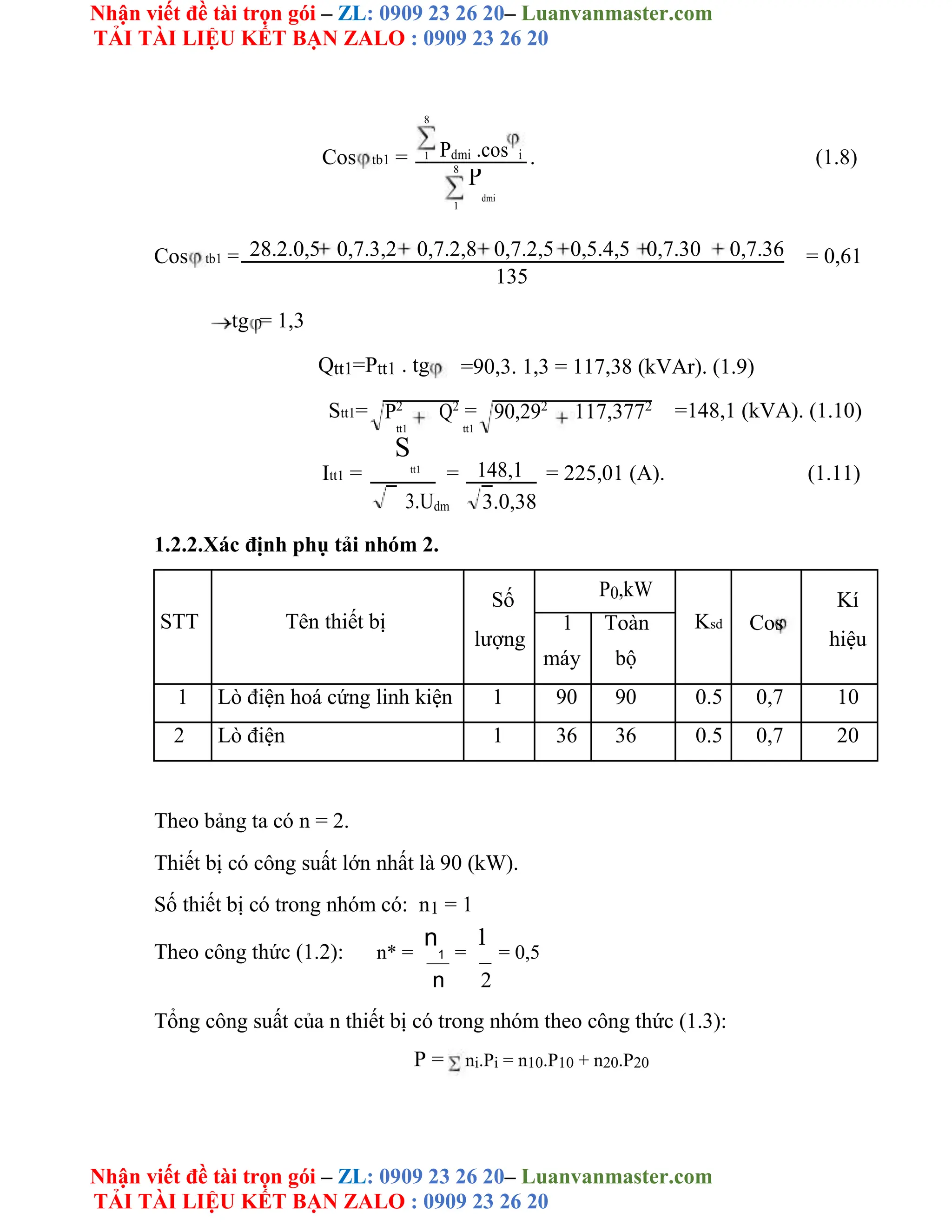 Nhận viết đề tài trọn gói – ZL: 0909 23 26 20– Luanvanmaster.com
TẢI TÀI LIỆU KẾT BẠN ZALO : 0909 23 26 20
Nhận viết đề tài trọn gói – ZL: 0909 23 26 20– Luanvanmaster.com
TẢI TÀI LIỆU KẾT BẠN ZALO : 0909 23 26 20
8
Pdmi .cos i
Cos tb1 = 1 . (1.8)
8
P
dmi
1
Cos tb1 = 28.2.0,5 0,7.3,2 0,7.2,8 0,7.2,5 0,5.4,5 0,7.30 0,7.36 = 0,61
135
tg = 1,3
Qtt1=Ptt1 . tg =90,3. 1,3 = 117,38 (kVAr). (1.9)
Stt1= = =148,1 (kVA). (1.10)
P2
Q2
90,292
117,3772
tt1 tt1
Itt1 =
S
tt1
= 148,1 = 225,01 (A). (1.11)
3.Udm 3.0,38
1.2.2.Xác định phụ tải nhóm 2.
Số P0,kW Kí
STT Tên thiết bị Ksd
lượng
1 Toàn Cos
hiệu
máy bộ
1 Lò điện hoá cứng linh kiện 1 90 90 0.5 0,7 10
2 Lò điện 1 36 36 0.5 0,7 20
Theo bảng ta có n = 2.
Thiết bị có công suất lớn nhất là 90 (kW).
Số thiết bị có trong nhóm có: n1 = 1
Theo công thức (1.2): n* =
n
1 =
1
= 0,5
n 2
Tổng công suất của n thiết bị có trong nhóm theo công thức (1.3):
P = ni.Pi = n10.P10 + n20.P20
 