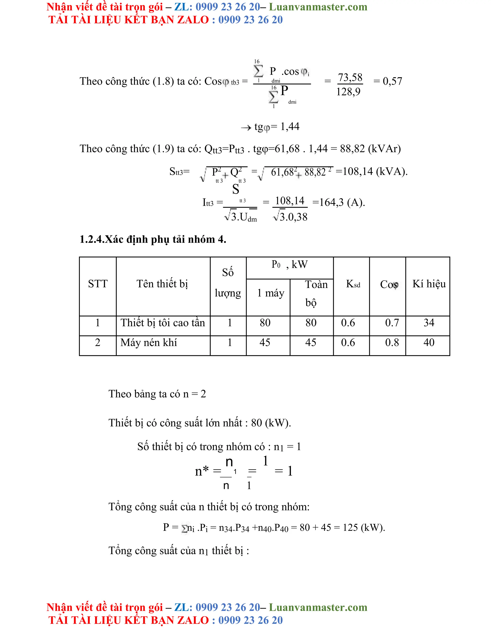 Nhận viết đề tài trọn gói – ZL: 0909 23 26 20– Luanvanmaster.com
TẢI TÀI LIỆU KẾT BẠN ZALO : 0909 23 26 20
Nhận viết đề tài trọn gói – ZL: 0909 23 26 20– Luanvanmaster.com
TẢI TÀI LIỆU KẾT BẠN ZALO : 0909 23 26 20
16
P .cos
Theo công thức (1.8) ta có: Cos tb3 = 1
i
= 73,58 = 0,57
dmi
16
P
dmi
128,9
1
tg = 1,44
Theo công thức (1.9) ta có: Qtt3=Ptt3 . tgφ=61,68 . 1,44 = 88,82 (kVAr)
Stt3= = =108,14 (kVA).
P2
Q2
61,682
88,82 2
tt 3 tt 3
Itt3 =
S
tt 3
= 108,14 =164,3 (A).
3.Udm 3.0,38
1.2.4.Xác định phụ tải nhóm 4.
Số
P0 , kW
STT Tên thiết bị Ksd Kí hiệu
lượng 1 máy
Toàn Cos
bộ
1 Thiết bị tôi cao tần 1 80 80 0.6 0.7 34
2 Máy nén khí 1 45 45 0.6 0.8 40
Theo bảng ta có n = 2
Thiết bị có công suất lớn nhất : 80 (kW).
Số thiết bị có trong nhóm có : n1 = 1
n* =
n
1 =
1
= 1
n 1
Tổng công suất của n thiết bị có trong nhóm:
P = ni .Pi = n34.P34 +n40.P40 = 80 + 45 = 125 (kW).
Tổng công suất của n1 thiết bị :
 