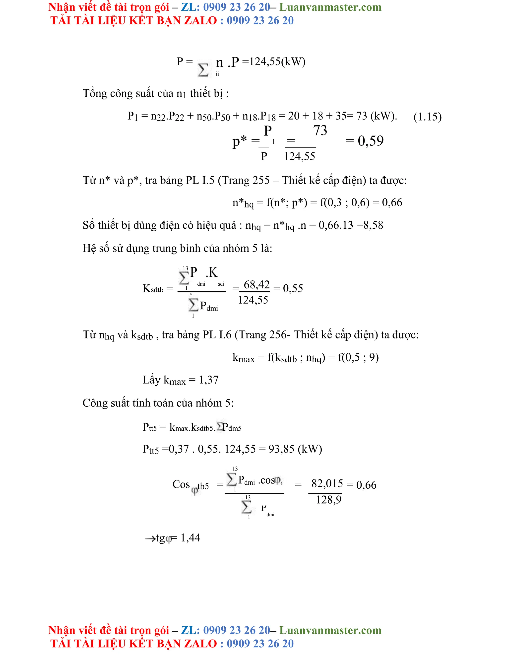 Nhận viết đề tài trọn gói – ZL: 0909 23 26 20– Luanvanmaster.com
TẢI TÀI LIỆU KẾT BẠN ZALO : 0909 23 26 20
Nhận viết đề tài trọn gói – ZL: 0909 23 26 20– Luanvanmaster.com
TẢI TÀI LIỆU KẾT BẠN ZALO : 0909 23 26 20
P = n .P =124,55(kW)
ii
Tổng công suất của n1 thiết bị :
P1 = n22.P22 + n50.P50 + n18.P18 = 20 + 18 + 35= 73 (kW). (1.15)
p* =
P
1 =
73
= 0,59
P 124,55
Từ n* và p*, tra bảng PL I.5 (Trang 255 – Thiết kế cấp điện) ta được:
n*hq = f(n*; p*) = f(0,3 ; 0,6) = 0,66
Số thiết bị dùng điện có hiệu quả : nhq = n*hq .n = 0,66.13 =8,58
Hệ số sử dụng trung bình của nhóm 5 là:
13
P
dmi
.K
sdi
Ksdtb = 1 = 68,42 = 0,55
13
Pdmi
124,55
1
Từ nhq và ksdtb , tra bảng PL I.6 (Trang 256- Thiết kế cấp điện) ta được:
kmax = f(ksdtb ; nhq) = f(0,5 ; 9)
Lấy kmax = 1,37
Công suất tính toán của nhóm 5:
Ptt5 = kmax.ksdtb5. Pđm5
Ptt5 =0,37 . 0,55. 124,55 = 93,85 (kW)
13
Cos tb5 = Pdmi .cos i
= 82,015 = 0,66
1
13
128,9
1
P
dmi
tg = 1,44
 