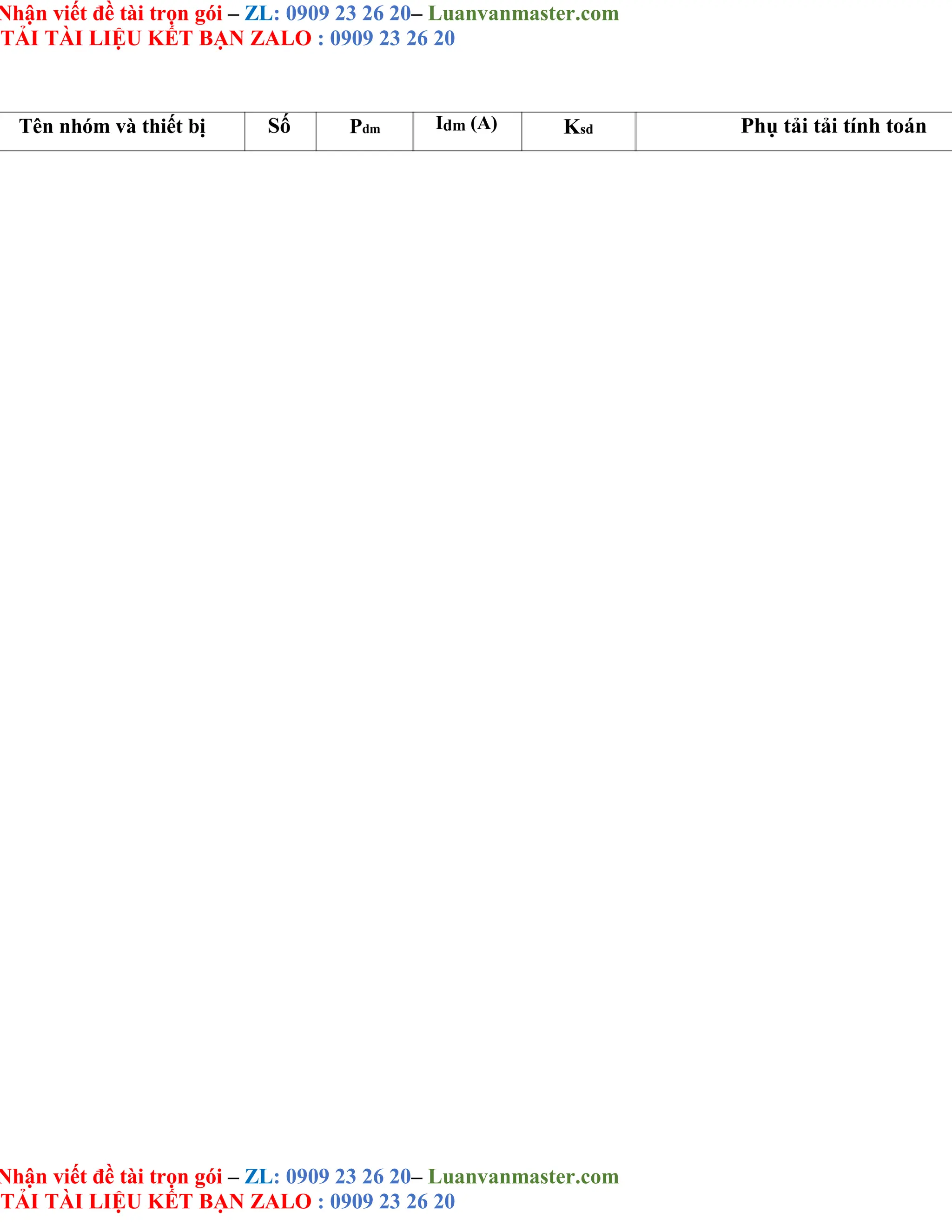 Nhận viết đề tài trọn gói – ZL: 0909 23 26 20– Luanvanmaster.com
TẢI TÀI LIỆU KẾT BẠN ZALO : 0909 23 26 20
Nhận viết đề tài trọn gói – ZL: 0909 23 26 20– Luanvanmaster.com
TẢI TÀI LIỆU KẾT BẠN ZALO : 0909 23 26 20
Tên nhóm và thiết bị Số Pdm Idm (A) Ksd Phụ tải tải tính toán
 