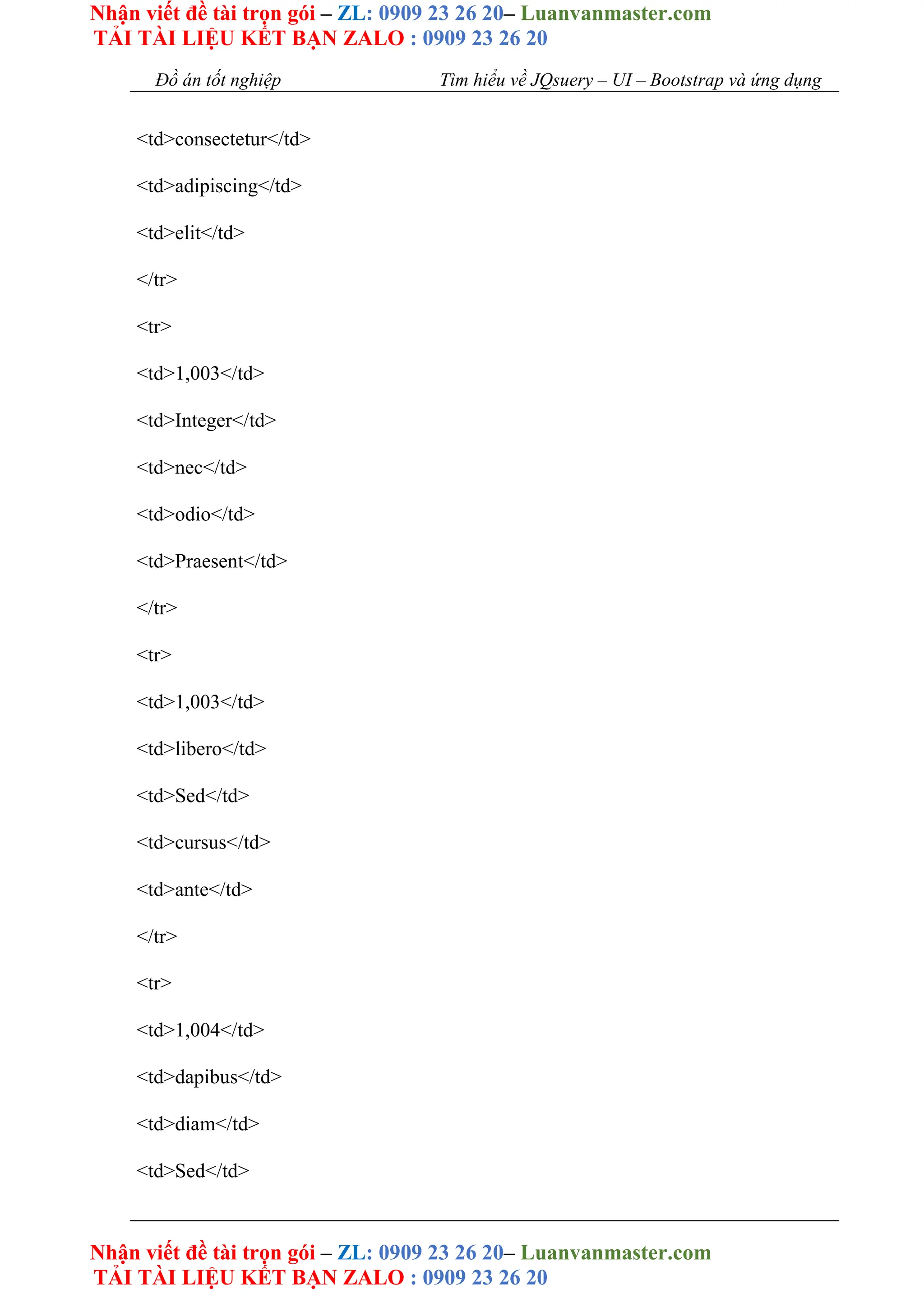 Nhận viết đề tài trọn gói – ZL: 0909 23 26 20– Luanvanmaster.com
TẢI TÀI LIỆU KẾT BẠN ZALO : 0909 23 26 20
Nhận viết đề tài trọn gói – ZL: 0909 23 26 20– Luanvanmaster.com
TẢI TÀI LIỆU KẾT BẠN ZALO : 0909 23 26 20
Đồ án tốt nghiệp Tìm hiểu về JQsuery – UI – Bootstrap và ứng dụng
<td>consectetur</td>
<td>adipiscing</td>
<td>elit</td>
</tr>
<tr>
<td>1,003</td>
<td>Integer</td>
<td>nec</td>
<td>odio</td>
<td>Praesent</td>
</tr>
<tr>
<td>1,003</td>
<td>libero</td>
<td>Sed</td>
<td>cursus</td>
<td>ante</td>
</tr>
<tr>
<td>1,004</td>
<td>dapibus</td>
<td>diam</td>
<td>Sed</td>
 