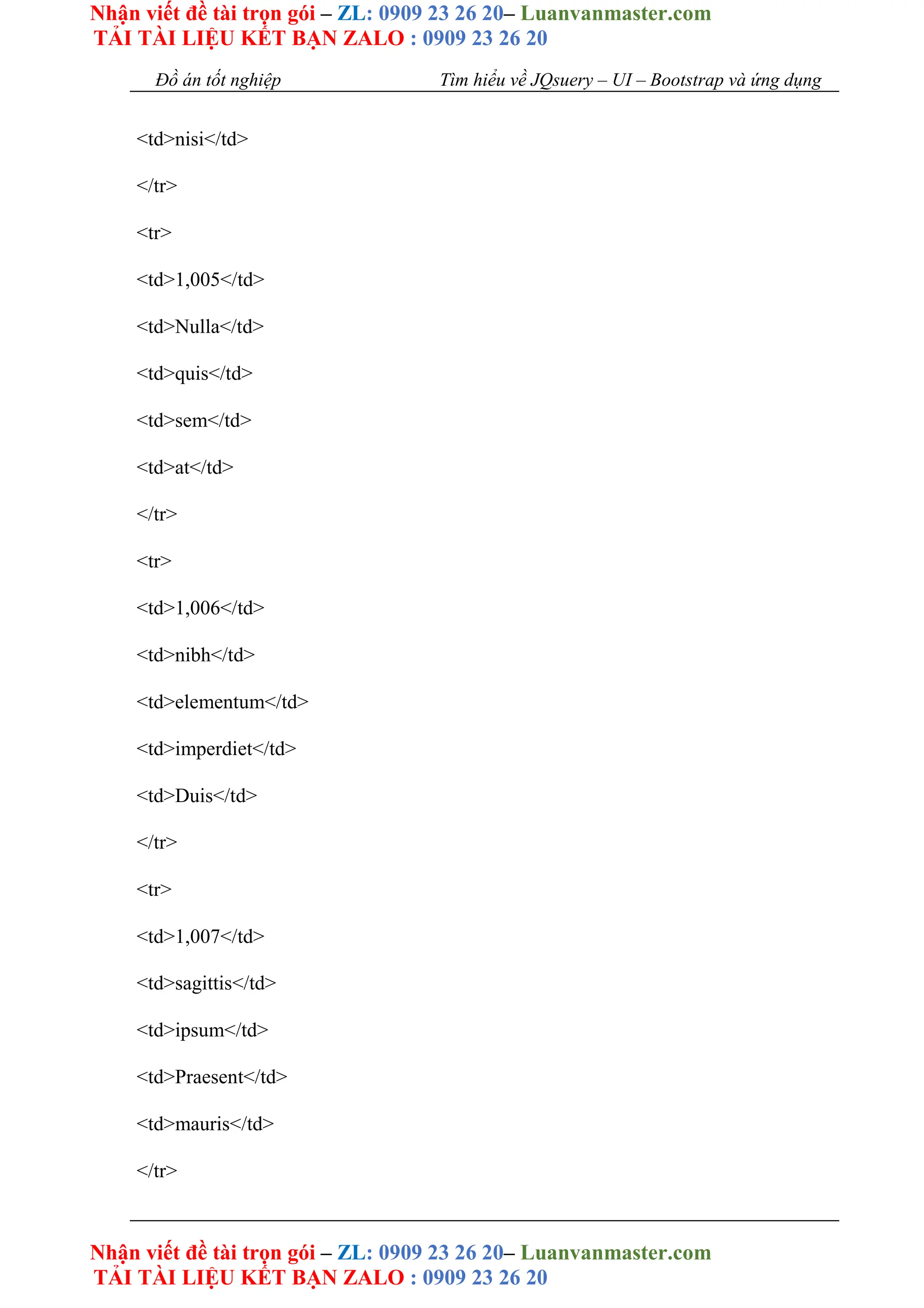 Nhận viết đề tài trọn gói – ZL: 0909 23 26 20– Luanvanmaster.com
TẢI TÀI LIỆU KẾT BẠN ZALO : 0909 23 26 20
Nhận viết đề tài trọn gói – ZL: 0909 23 26 20– Luanvanmaster.com
TẢI TÀI LIỆU KẾT BẠN ZALO : 0909 23 26 20
Đồ án tốt nghiệp Tìm hiểu về JQsuery – UI – Bootstrap và ứng dụng
<td>nisi</td>
</tr>
<tr>
<td>1,005</td>
<td>Nulla</td>
<td>quis</td>
<td>sem</td>
<td>at</td>
</tr>
<tr>
<td>1,006</td>
<td>nibh</td>
<td>elementum</td>
<td>imperdiet</td>
<td>Duis</td>
</tr>
<tr>
<td>1,007</td>
<td>sagittis</td>
<td>ipsum</td>
<td>Praesent</td>
<td>mauris</td>
</tr>
 