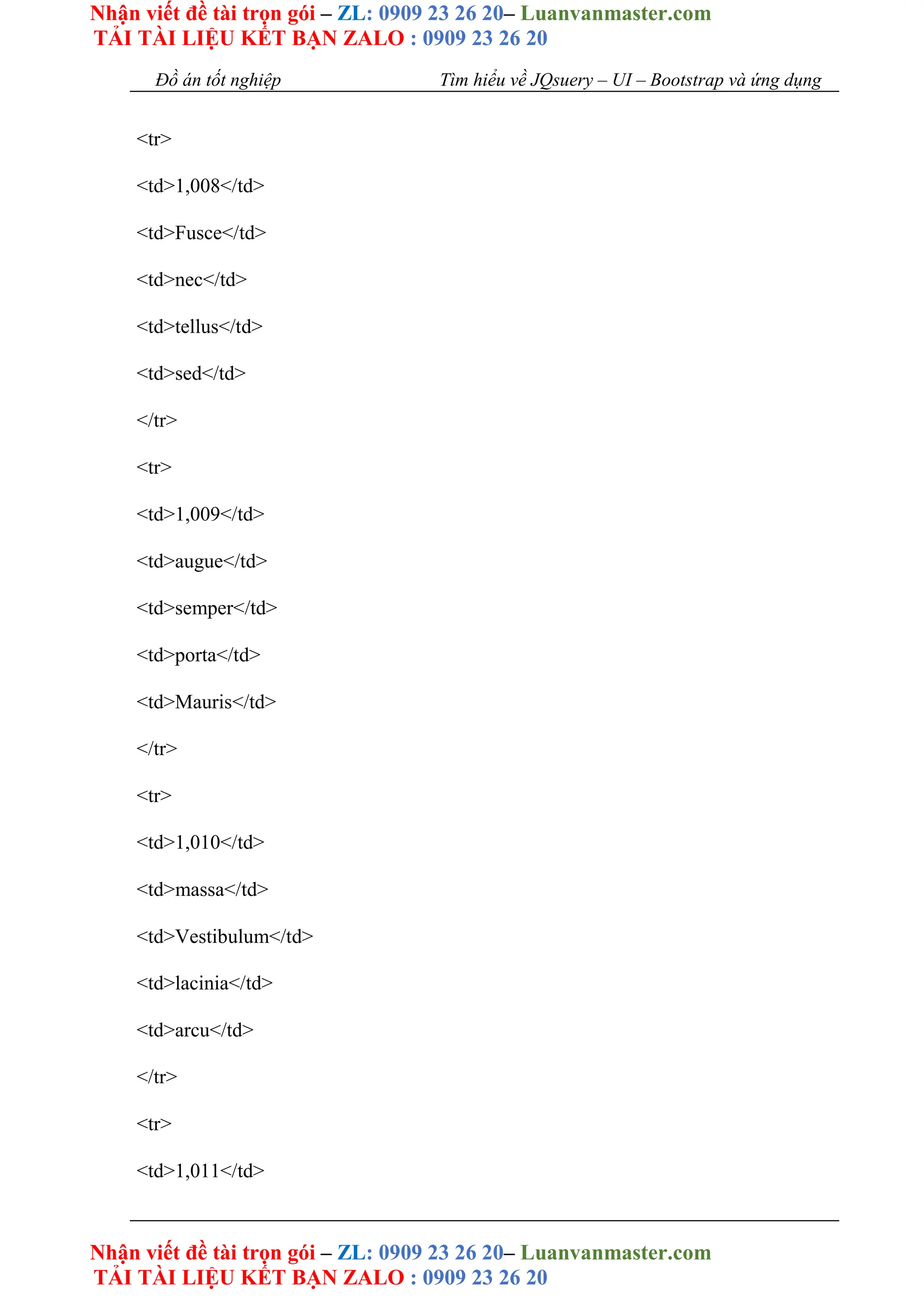 Nhận viết đề tài trọn gói – ZL: 0909 23 26 20– Luanvanmaster.com
TẢI TÀI LIỆU KẾT BẠN ZALO : 0909 23 26 20
Nhận viết đề tài trọn gói – ZL: 0909 23 26 20– Luanvanmaster.com
TẢI TÀI LIỆU KẾT BẠN ZALO : 0909 23 26 20
Đồ án tốt nghiệp Tìm hiểu về JQsuery – UI – Bootstrap và ứng dụng
<tr>
<td>1,008</td>
<td>Fusce</td>
<td>nec</td>
<td>tellus</td>
<td>sed</td>
</tr>
<tr>
<td>1,009</td>
<td>augue</td>
<td>semper</td>
<td>porta</td>
<td>Mauris</td>
</tr>
<tr>
<td>1,010</td>
<td>massa</td>
<td>Vestibulum</td>
<td>lacinia</td>
<td>arcu</td>
</tr>
<tr>
<td>1,011</td>
 