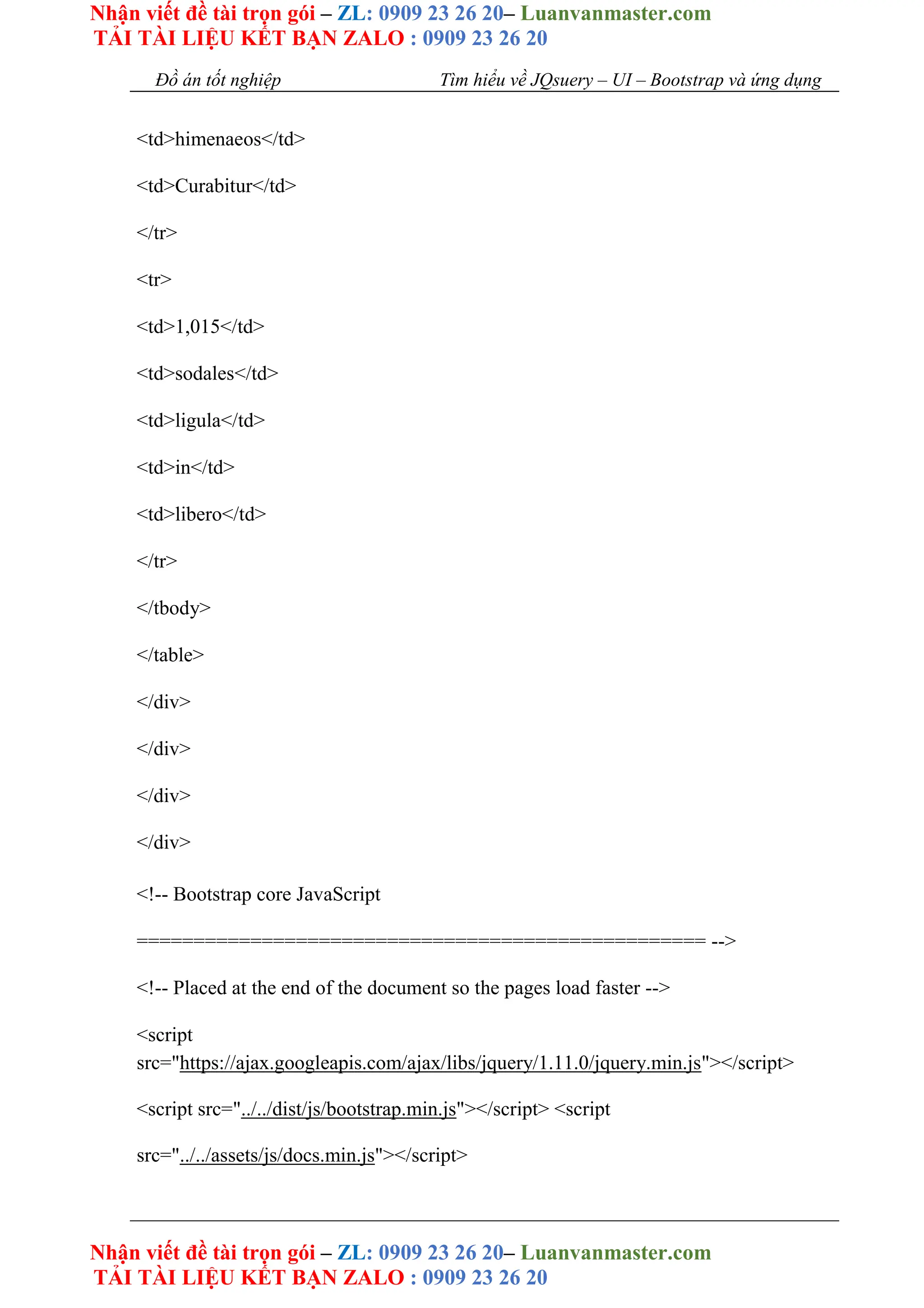Nhận viết đề tài trọn gói – ZL: 0909 23 26 20– Luanvanmaster.com
TẢI TÀI LIỆU KẾT BẠN ZALO : 0909 23 26 20
Nhận viết đề tài trọn gói – ZL: 0909 23 26 20– Luanvanmaster.com
TẢI TÀI LIỆU KẾT BẠN ZALO : 0909 23 26 20
Đồ án tốt nghiệp Tìm hiểu về JQsuery – UI – Bootstrap và ứng dụng
<td>himenaeos</td>
<td>Curabitur</td>
</tr>
<tr>
<td>1,015</td>
<td>sodales</td>
<td>ligula</td>
<td>in</td>
<td>libero</td>
</tr>
</tbody>
</table>
</div>
</div>
</div>
</div>
<!-- Bootstrap core JavaScript
================================================== -->
<!-- Placed at the end of the document so the pages load faster -->
<script
src="https://ajax.googleapis.com/ajax/libs/jquery/1.11.0/jquery.min.js"></script>
<script src="../../dist/js/bootstrap.min.js"></script> <script
src="../../assets/js/docs.min.js"></script>
 